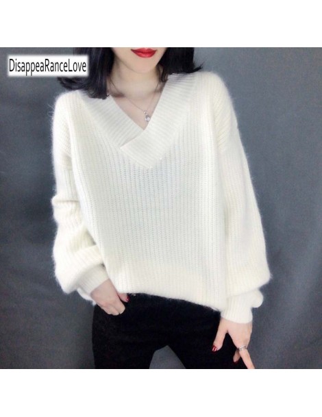 Pullovers 2019 New Korean lantern Long sleeves sweater women's loose Sweater thickened Shoulder Deep V Neck knit Sweater - Bl...