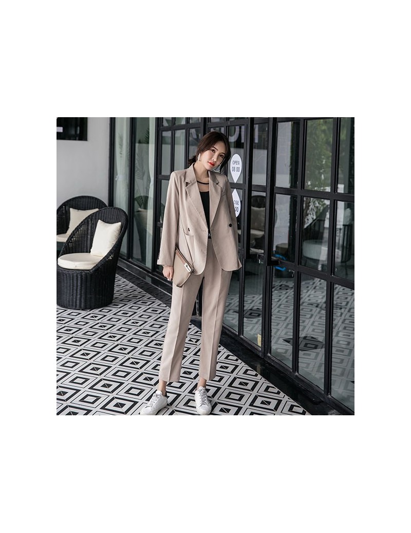 Pant Suits 2019 Spring New Women's Long Sleeve Blazer Suits Double Breasted Tops Elastic Waist Pants Formal Notched Elegance ...