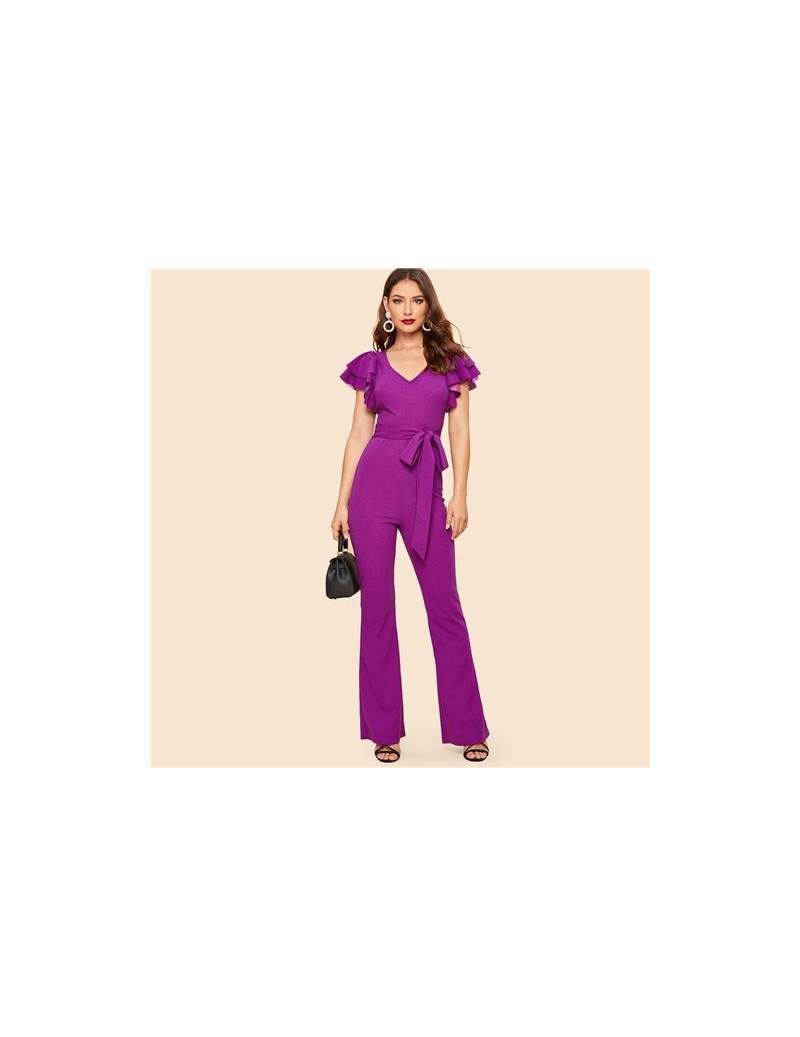 Purple Layered Sleeve Belted Flare Leg Plain Jumpsuit 2019 Spring V Neck High Waist Butterfly Sleeve Workwear Jumpsuits - Pu...