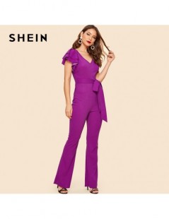 Jumpsuits Purple Layered Sleeve Belted Flare Leg Plain Jumpsuit 2019 Spring V Neck High Waist Butterfly Sleeve Workwear Jumps...