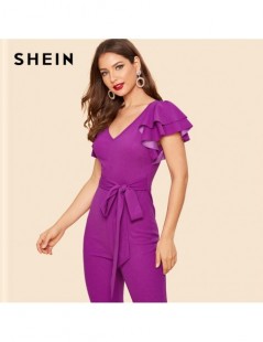 Jumpsuits Purple Layered Sleeve Belted Flare Leg Plain Jumpsuit 2019 Spring V Neck High Waist Butterfly Sleeve Workwear Jumps...