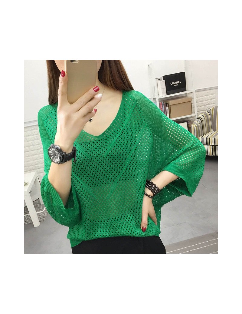 Pullovers Sexy Women Knitted Pullover Mesh Hollow Sweater Female 2019 Spring Fashion Tops Bat Half Sleeve Solid Casual Loose ...