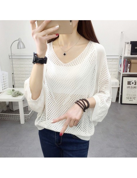 Pullovers Sexy Women Knitted Pullover Mesh Hollow Sweater Female 2019 Spring Fashion Tops Bat Half Sleeve Solid Casual Loose ...