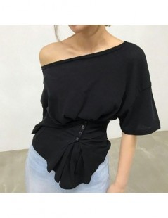 T-Shirts Solid Irregular T Shirt For Women O Neck Short Sleeve Slim Button Ruched Tops Female Summer 2019 Fashion Clothes New...