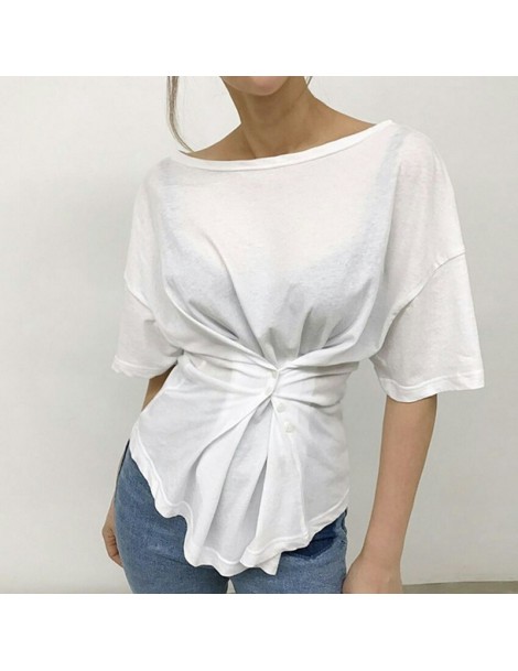 T-Shirts Solid Irregular T Shirt For Women O Neck Short Sleeve Slim Button Ruched Tops Female Summer 2019 Fashion Clothes New...