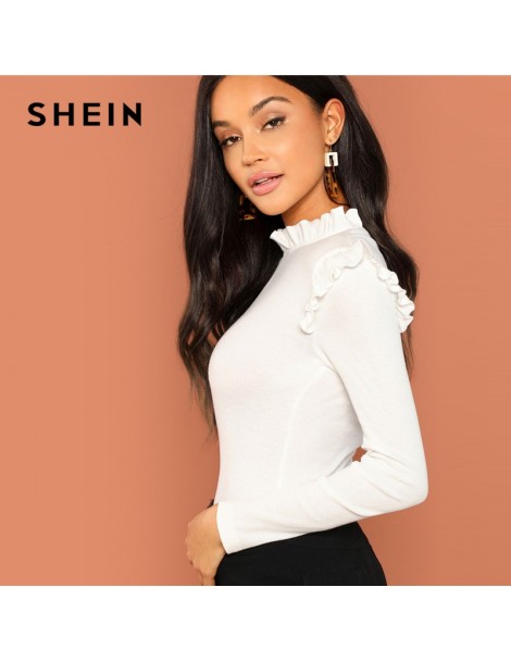 T-Shirts Modern Lady White Slim Fit Frill Trim Solid Stand Collar Long Sleeve Pullovers Tee 2018 Autumn Campus Women Tshirt T...
