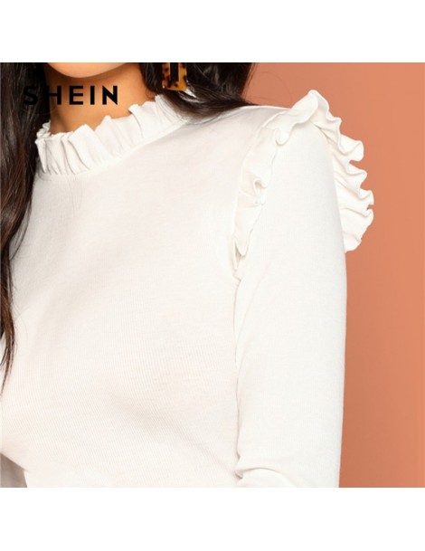 T-Shirts Modern Lady White Slim Fit Frill Trim Solid Stand Collar Long Sleeve Pullovers Tee 2018 Autumn Campus Women Tshirt T...