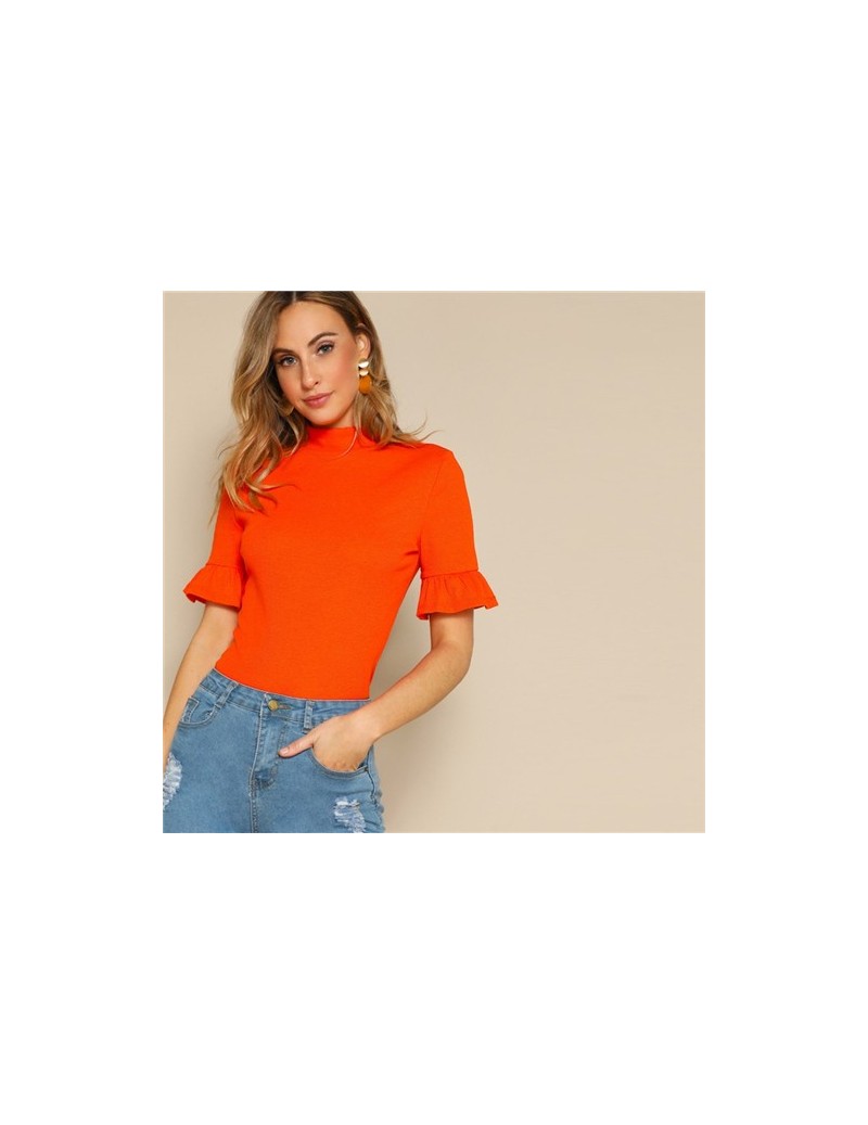 Neon Red Stand Collar Ruffle Cuff Rib Knit Elegant Women T Shirt 2019 Summer Green Slim Basic Tee Orange Ladies Tops - Orang...
