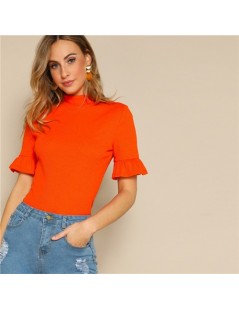 Neon Red Stand Collar Ruffle Cuff Rib Knit Elegant Women T Shirt 2019 Summer Green Slim Basic Tee Orange Ladies Tops - Orang...