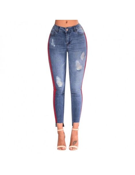 Jeans Woman 2018 High Waist Jeans Slim Skinny Ripped Stretchy Denim Pencil Pants Trousers Side Stripe Ripped Hole Blue jeans...