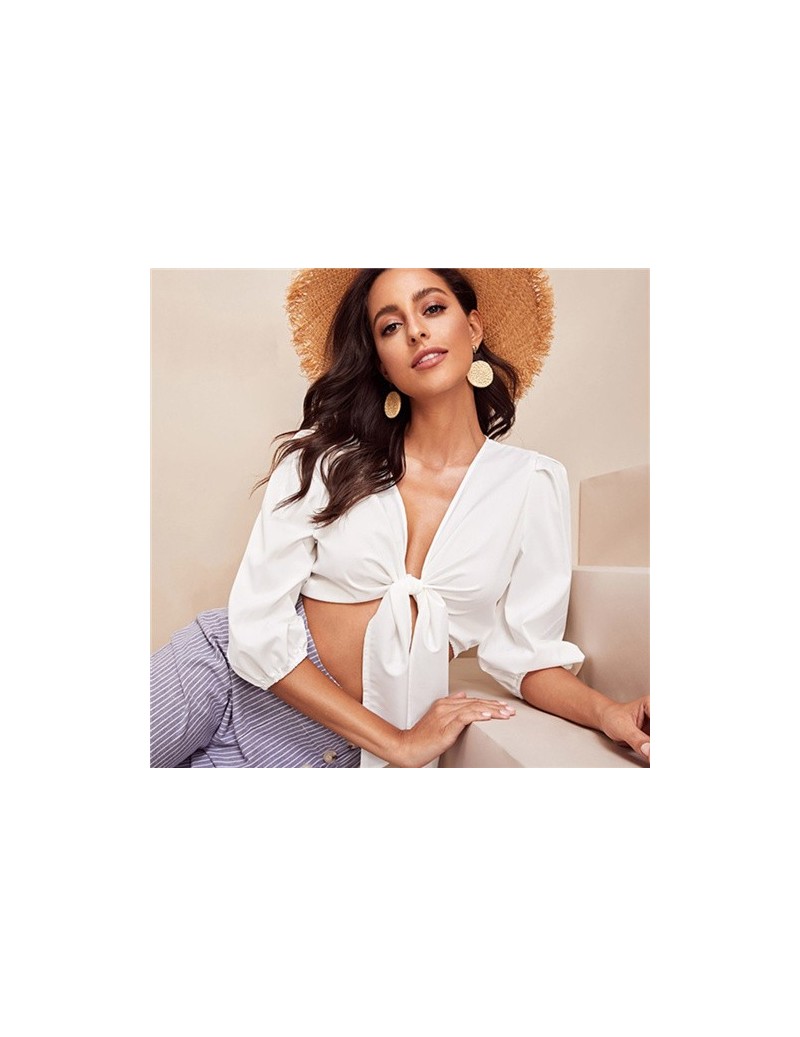 Blouses & Shirts Boho Sexy White Knotted Front Solid Crop Plain Blouse Women 2019 Summer Three Quarter Length SleeveDeep V Ne...