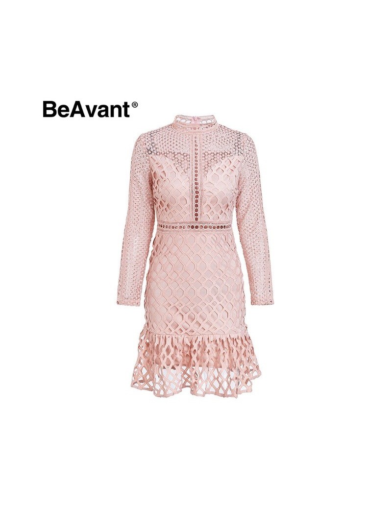 O neck hollow out sexy winter dresses Sweet pink ruffle lace dress autumn 2018 High waist long sleeve party dress female - N...