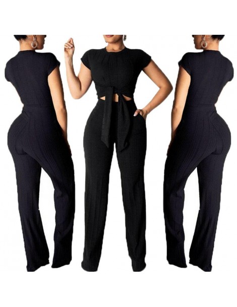Women's Sets 2019 New Women 2 Piece Solid Color Tie Up Pockets Outfits Short Sleeve Crop Top High Waist Straight Pant Set Sli...