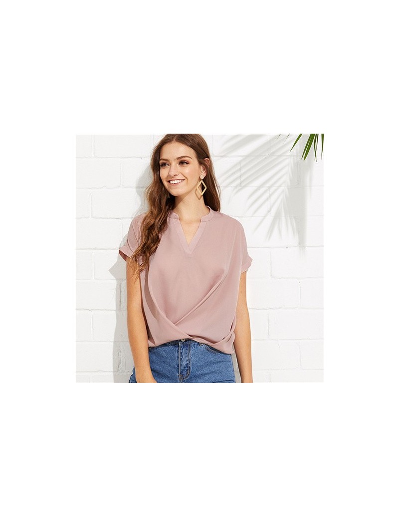 Pink Elegant Workwear Draped V Neck Stand Collar Short Sleeve Solid Blouse Summer Women Weekend Casual Shirt Top - Pink - 4T...