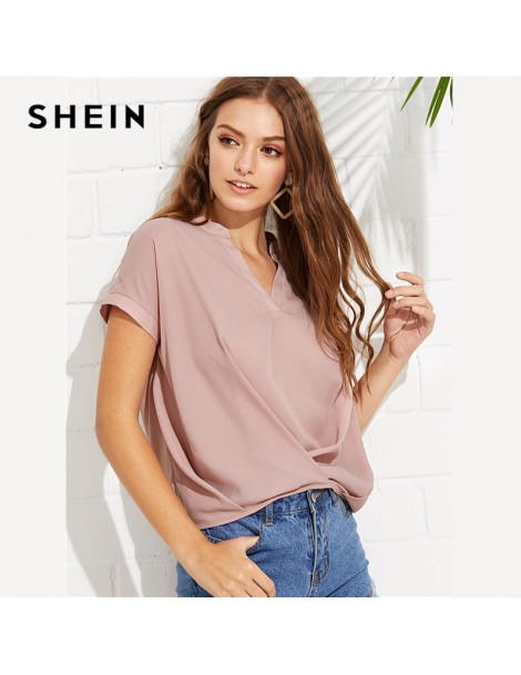 Blouses & Shirts Pink Elegant Workwear Draped V Neck Stand Collar Short Sleeve Solid Blouse Summer Women Weekend Casual Shirt...