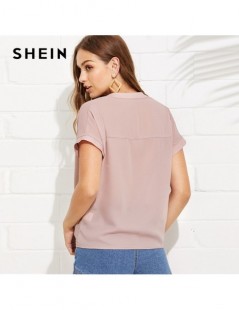 Blouses & Shirts Pink Elegant Workwear Draped V Neck Stand Collar Short Sleeve Solid Blouse Summer Women Weekend Casual Shirt...