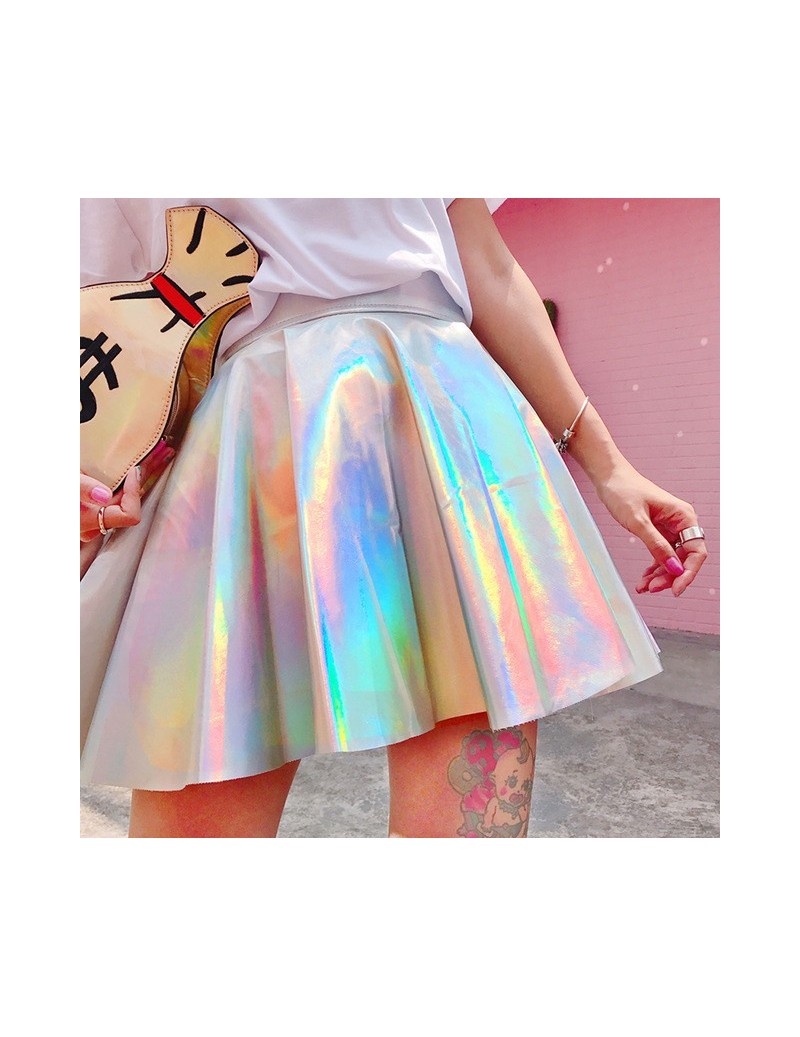 Skirts Holographic Pleated Skirts Women PU Solid Harajuku Casual Sexy Laser Hight Waist Mini Short Skirt Women Rainbow - pp -...