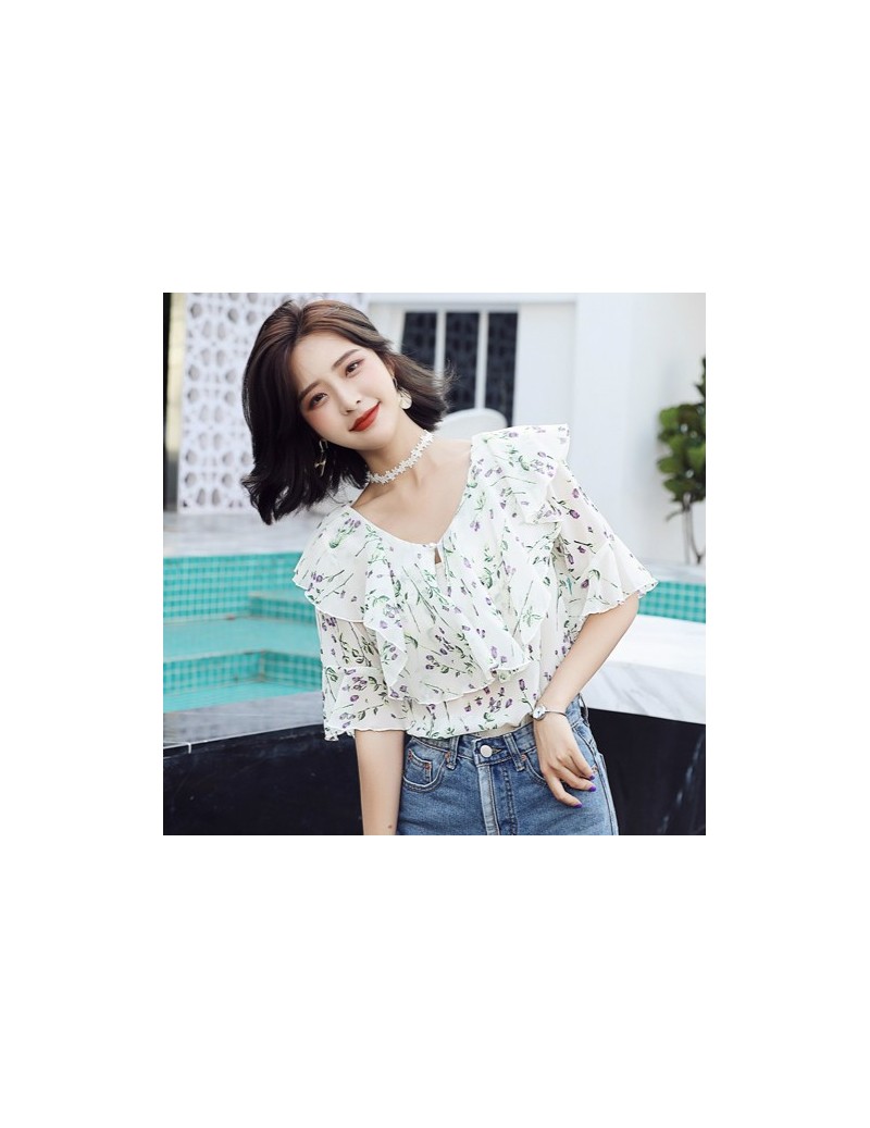 Women's 2018 new fashion chiffon custom color shirt V-neck short-sleeved ruffled floral summer shirt sweet girl shirt QV21 -...