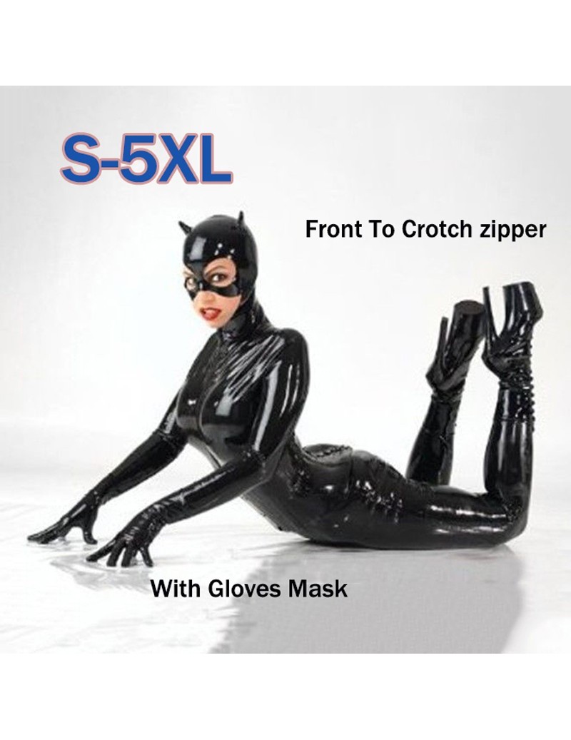 Jumpsuits Fast Delivery Adult Women Black PU Patent Leather Catsuit Sexy Catwoman Costume Cat Mask Latex Bodysuit Stretchable...