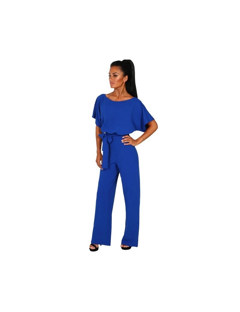 Rompers Summer Solid Color Round Neck Short Sleeve Lace Up Party Ladies Plus Size Jumpsuit High Street Jumpsuits - Blue - 330...