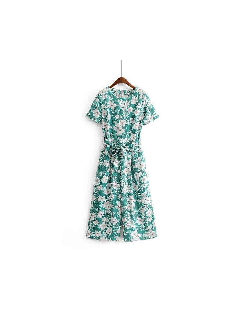womens green jumpsuit flower print ankle length pants with belt ladies overalls jumpsuits summer beach playsuits 3Y03 - Gree...