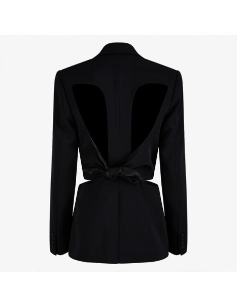 Blazers Backless Black Blazer Women Fashion Hollow Out Bow Bandage Elegant 2019 Autumn Sexy Style Single Button Coat F738 - b...