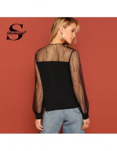 Blouses & Shirts Black Elegant Contrast Mesh Sheer Sleeve Blouse Women 2019 Spring Casual Minimalist Blouses Fashion Solid Bo...