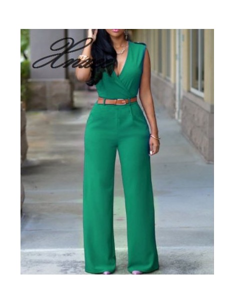 Jumpsuits Women Sexy Jumpsuit Office Lady V Neck Sleeveless Rompers FEmale Wide Loose Leg Pants Playsuit Sashes Women Jumpsui...