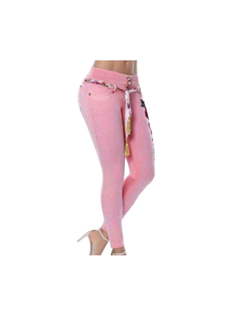 Plus Size Women Stretch High Waist Skinny Embroidery Jeans Floral Holes Denim Pants Trousers Women Jeans Pencil Pant - pink ...