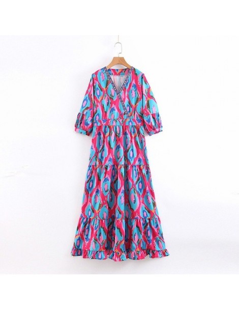 Dresses 2019 New Thailand Cross V neck Geometric Floral Dress BOHO Retro Woman Spliced Ruffles Hem 3/4 sleeve Maxi Long Dress...