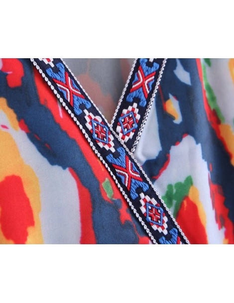 Dresses 2019 New Thailand Cross V neck Geometric Floral Dress BOHO Retro Woman Spliced Ruffles Hem 3/4 sleeve Maxi Long Dress...