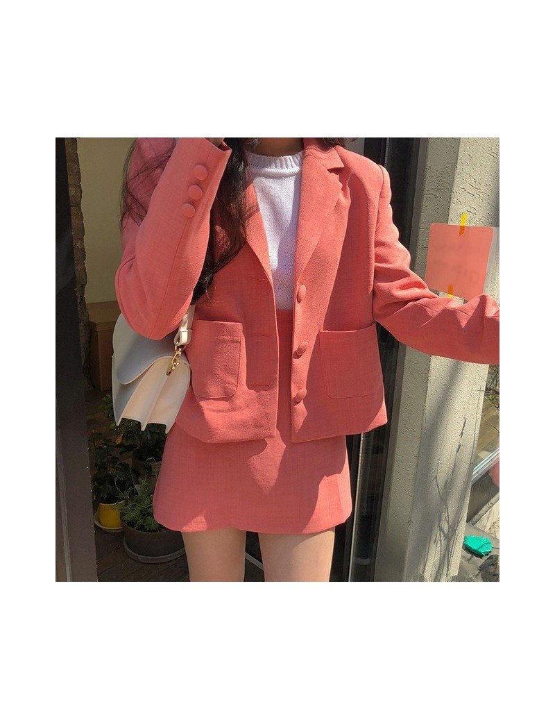 Skirt Suits 2019 Women Korea Pink Casual Suits Single Breasted Top Blazer And Skirt Set Pockets Jacket And Skirt Two Piece Se...