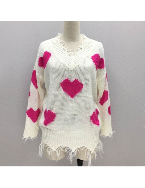 Pullovers Spring Autumn Sweet Love Heart Sweater Women Casual Loose Tassel Sweater Ladies V-neck Ripped Knitted Pullovers Fem...