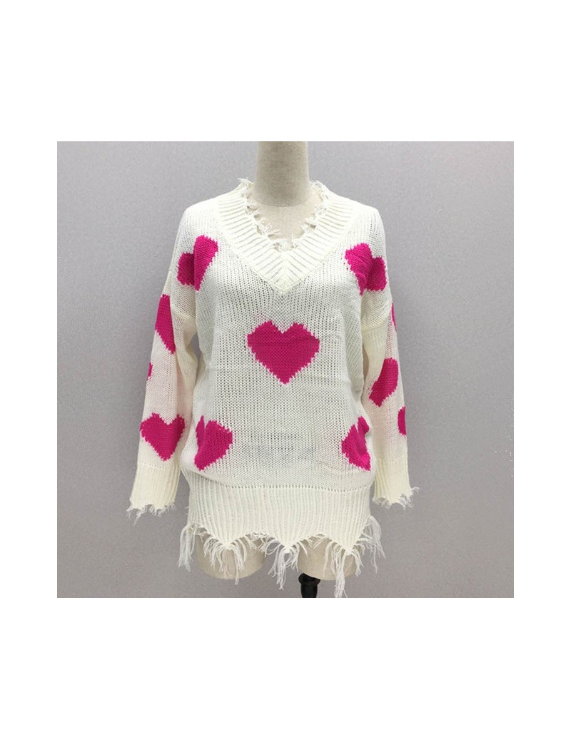 Spring Autumn Sweet Love Heart Sweater Women Casual Loose Tassel Sweater Ladies V-neck Ripped Knitted Pullovers Female - Ros...