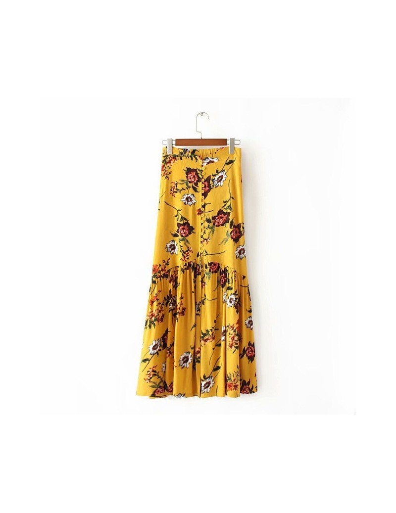 Skirts 2018 New Women Bohemian Flower Print Single Breasted Buttons Front Slit Skirt Back Elastic Waist Maxi Long Skirts Beac...