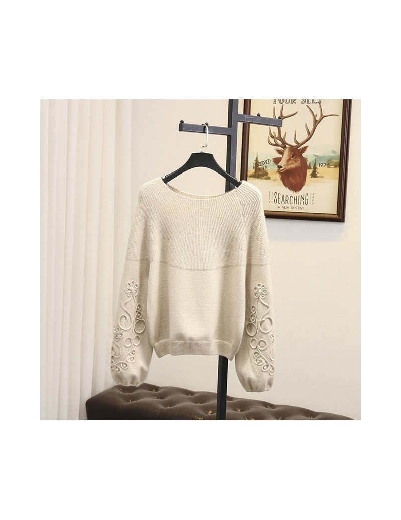 Pullovers Pearls Women Sweater Plus Size Pullovers Casual O-neck Loose Stretched Long Sleeve Knitted Sweater SWM1230 - Beige ...