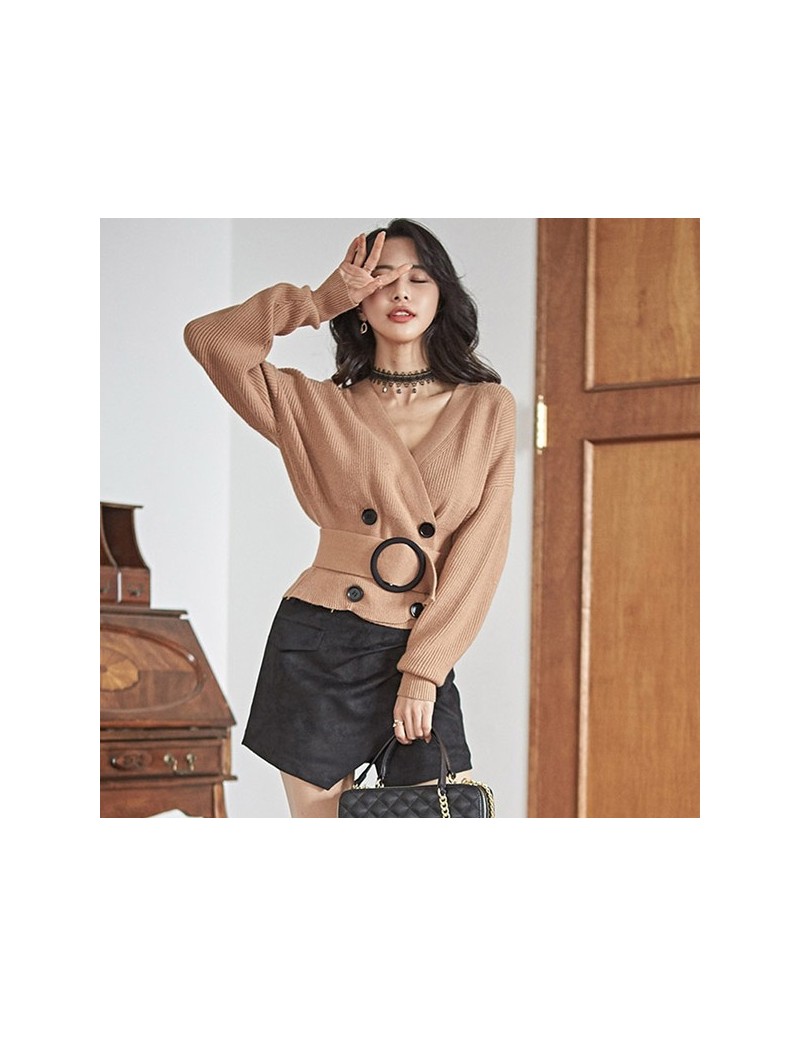 2019 Fashion Designer V-neck Cardigans Solid Color Double-breasted Basic Female Sweater Long Sleeve Button Women Sashes Coat...