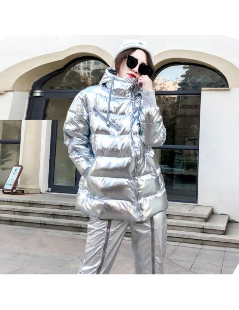 Parkas 2019 Winter Down Jackets Hooded Parka Glossy Silver Cotton Coats Women Large size Loose Long sleeves zipper Warm Outer...