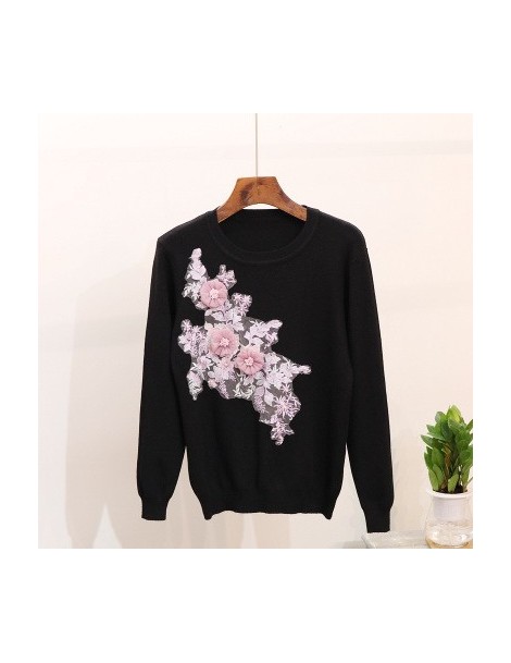 Pullovers Flower Appliques Beading Sweet Girl Sweater Solid O-Neck Women Pullover 2019 Auttum Winter New Fashion Sueter Mujer...
