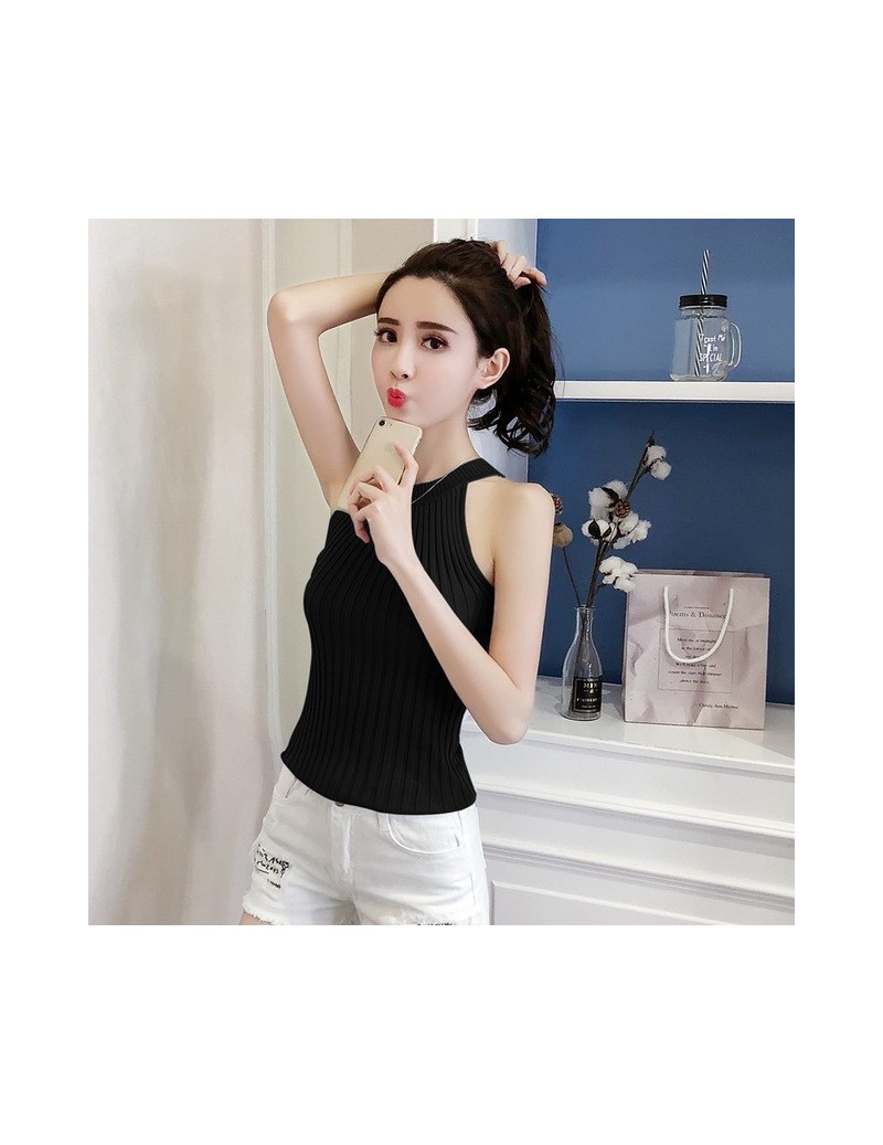 Summer Women Knitting Halter Neck Cropped Camisole Tops Female Knitted Off-shouder Tanks Sleeveless Basic Solid T shirts - B...