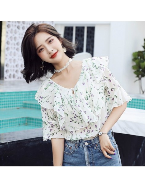 Women's 2018 new fashion chiffon custom color shirt V-neck short-sleeved ruffled floral summer shirt sweet girl shirt QV21 -...