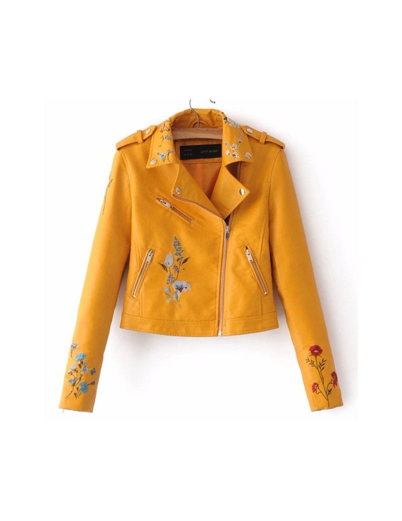 Embroidery female 2018 autumn new Korean version of the lapel locomotive PU leather short-sleeved lapel jacket Yellow pink C...