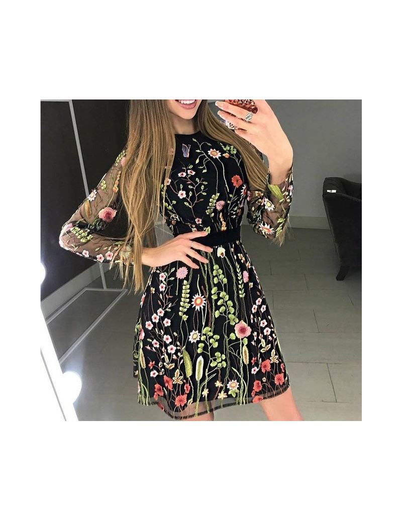 Dresses 2019 Summer Women Sexy See-through Mini Dress Fashion A-line Long Sleeve Party Dress Floral Embroidery Black Mesh Dre...