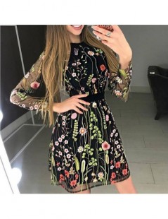Dresses 2019 Summer Women Sexy See-through Mini Dress Fashion A-line Long Sleeve Party Dress Floral Embroidery Black Mesh Dre...