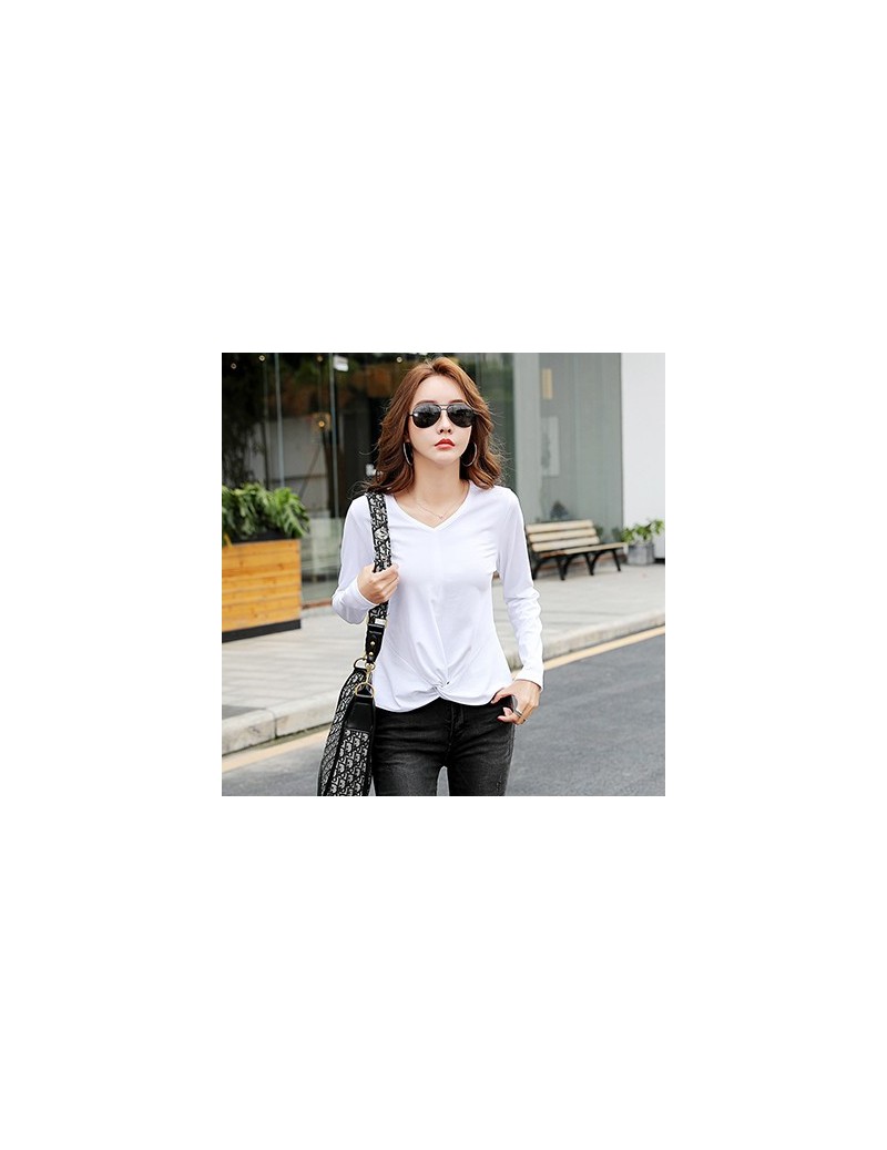 Poleras Mujer De Moda 2019 V-Neck T Shirt Women Long Sleeve Tshirt Female Korean Clothes Autumn Cotton Tee Shirt Femme - whi...