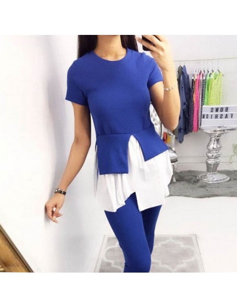 Women's Sets 2019 New Women knitting Patchwork Two Piece Suits casual O neck Short Sleeve Top Elastic Waist Pencil Pants Sets...