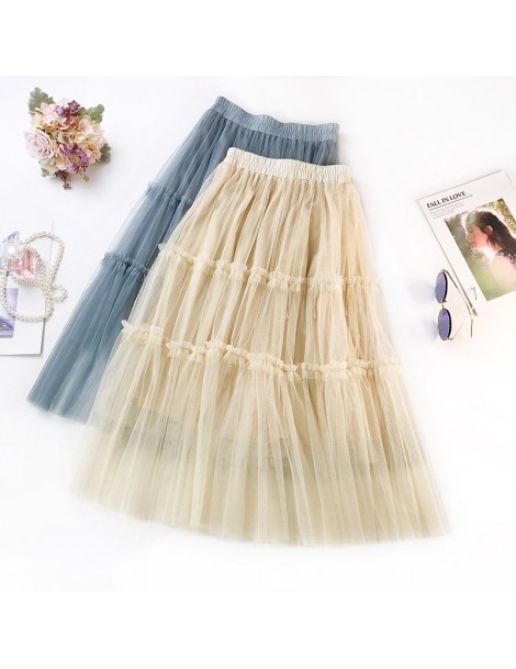 Skirts 3 Layers Beading Tulle Skirt Women 2019 Spring Summer Korean Elegant High Waist Pleated Skirt Female Long School Skirt...