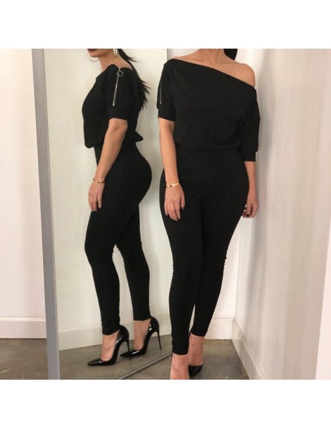 Jumpsuits Off Shoulder Zipper Bodycon Sexy Jumpsuit Rompers Short Sleeve Ankle Length Pants Jumpsuits 2019 Summer Solid Yello...