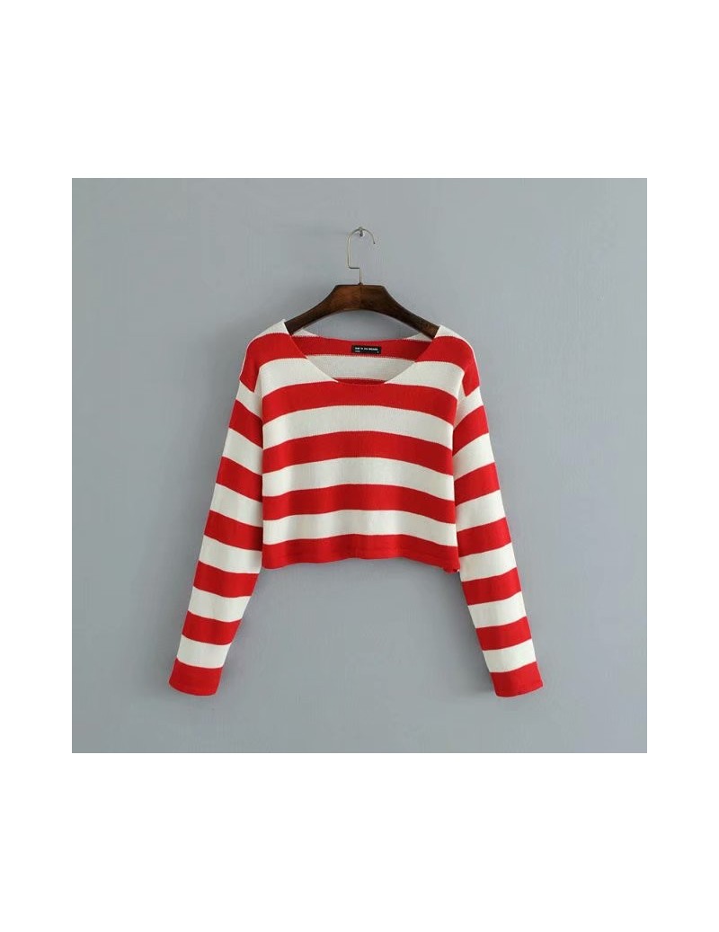 Women Block Striped Crop Knit Sweater Knit Pullovers - red - 423943356002-3