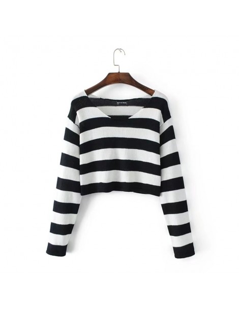 Pullovers Women Block Striped Crop Knit Sweater Knit Pullovers - red - 423943356002-3 $16.26